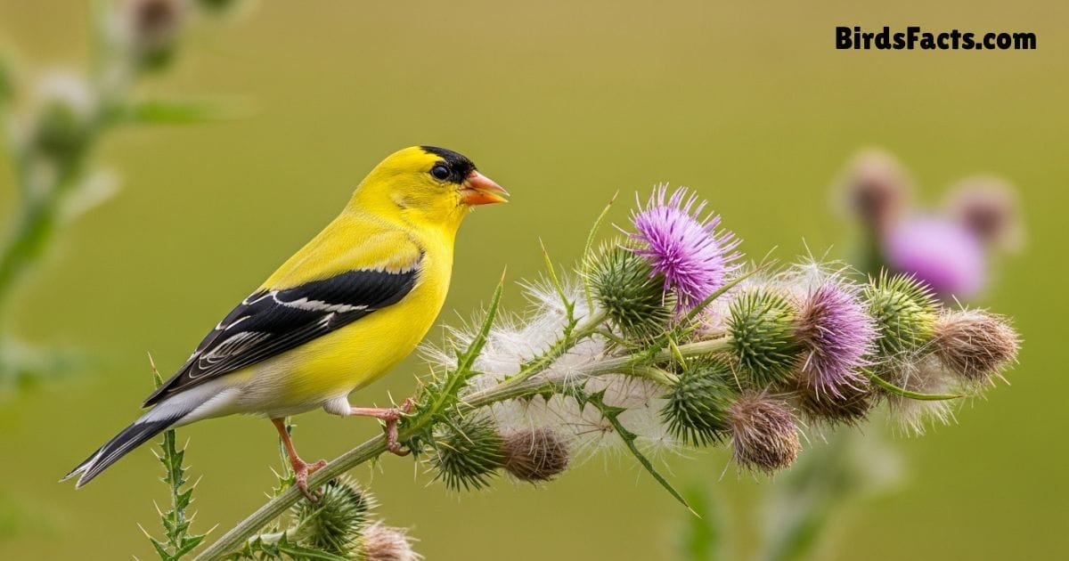 American Goldfinch Bird Perched On Branch Showing Bright Yellow Plumage Black Wings And Conical Orange Beak