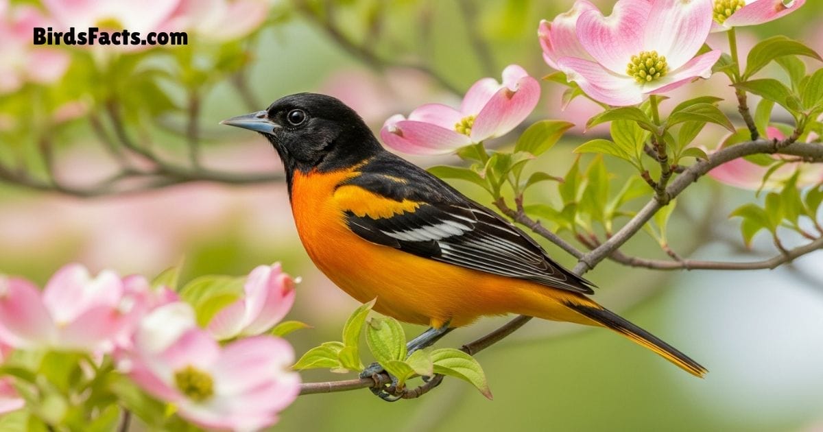 Baltimore Oriole Bird Perched On Branch Showing Bright Orange Body Black Head And White Wing Bars