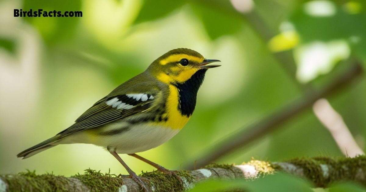 Black Throated Green Warbler Bird Perched On Branch Showing Olive Green Back Yellow Belly And Black Throat