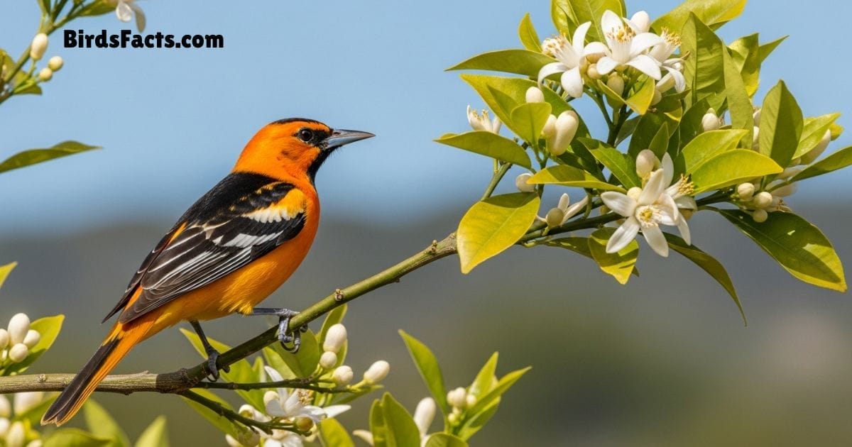 Bullocks Oriole Bird Perched On Branch Showing Bright Orange Body Black Face And White Wing Patches