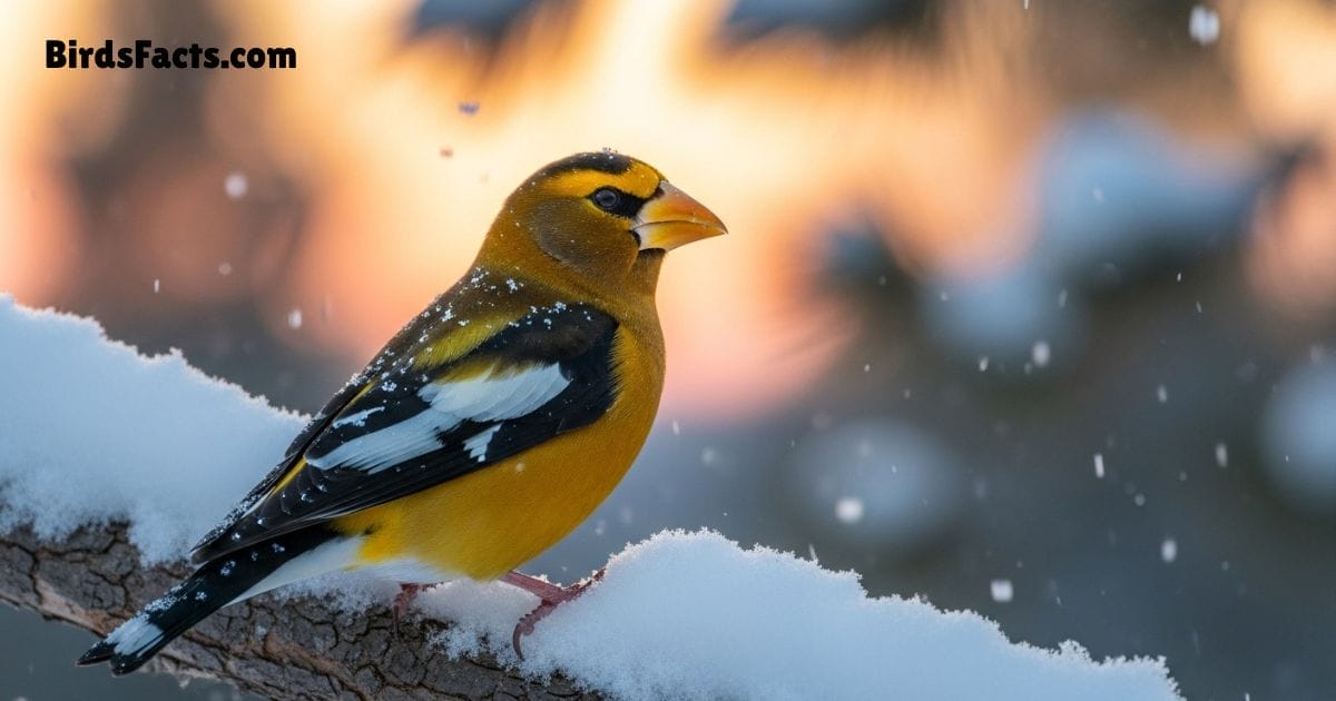 Evening Grosbeak Bird Perched On Branch Showing Yellow Body Black Wings And Large Conical Beak