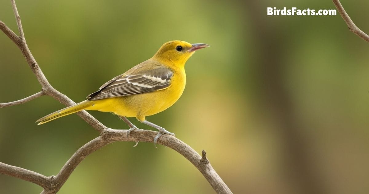 Hooded Oriole Bird Perched On Branch Showing Bright Orange Body Black Hood And White Wing Bars