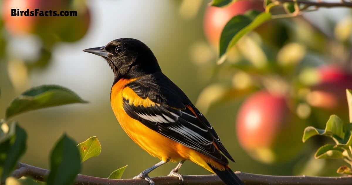 Orchard Oriole Bird Perched On Branch Showing Bright Orange Body Black Head And Black Wings