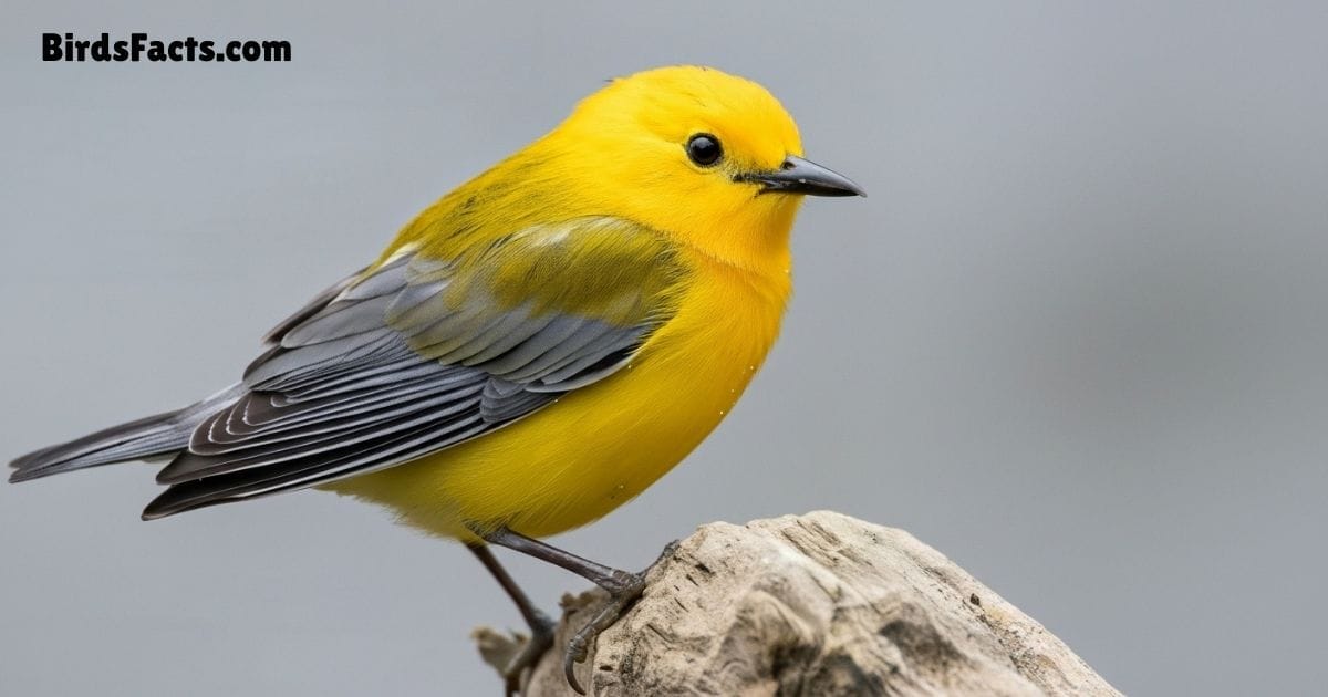 Prothonotary Warbler Bird Perched On Branch Showing Bright Yellow Body Blue Gray Wings And Sharp Beak