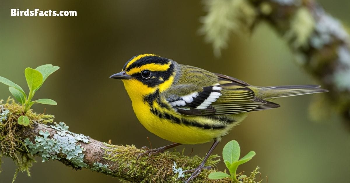 Townsend’s Warbler Bird Perched On Branch Showing Yellow Underparts Black Head And White Wing Bars
