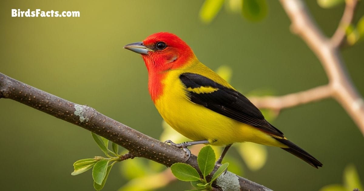 Western Tanager Bird Perched On Branch Showing Bright Yellow Body Red Head And Black Wings