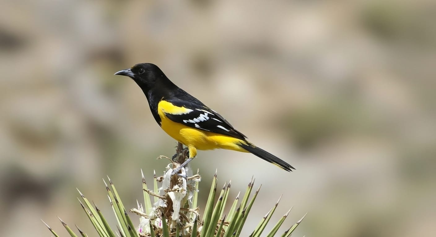 Scotts Oriole Bird Perched On Branch Showing Bright Yellow Body Black Head And Black Wings