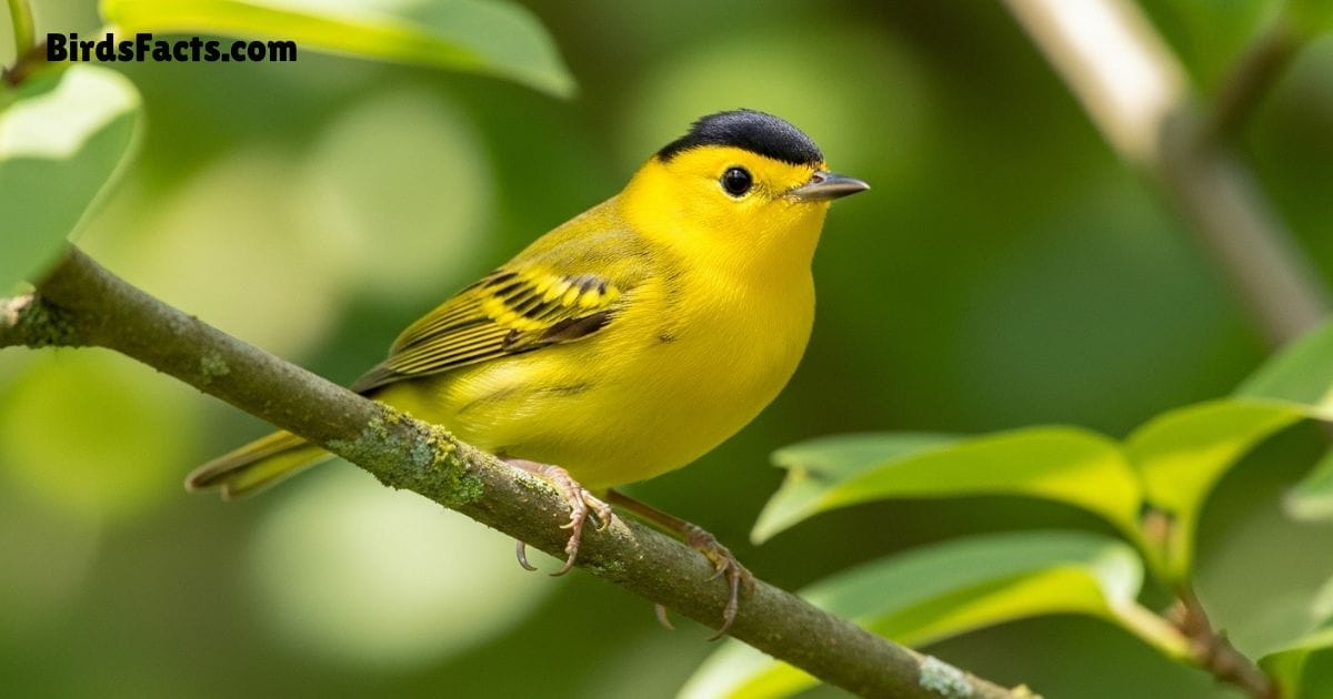 Wilsons Warbler Bird Perched On Branch Showing Bright Yellow Body Black Cap And Small Pointed Beak