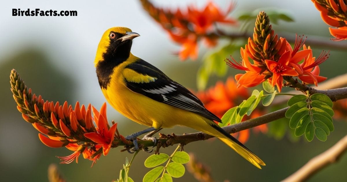 Yellow Tailed Oriole Bird Perched On Branch Showing Bright Yellow Body Black Wings And Long Tail
