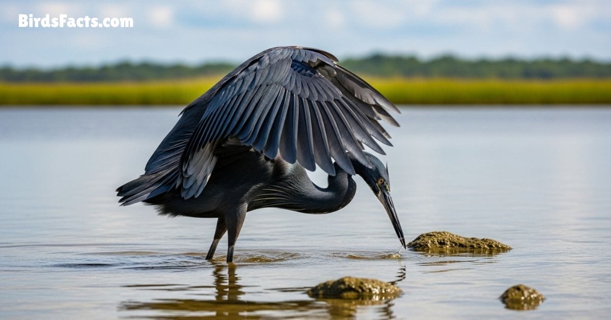 Black Heron Bird Standing In Shallow Water Showing Dark Black Plumage Long Legs And Sharp Beak