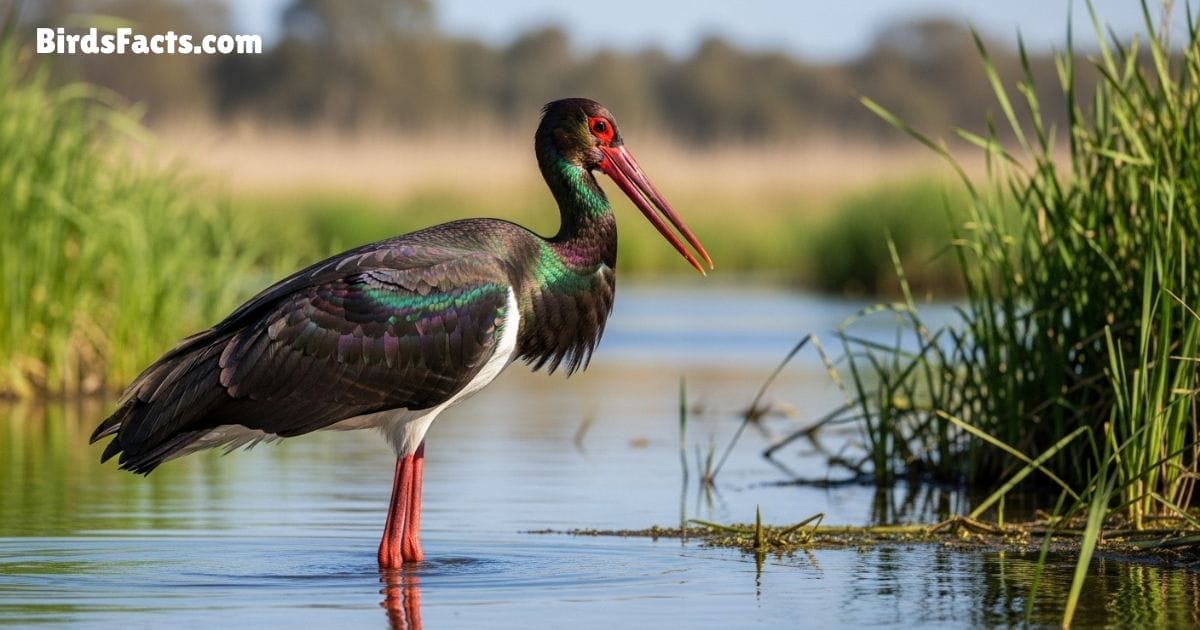 Black Stork Bird Standing Near Water Showing Black Body White Belly Long Red Beak And Red Legs