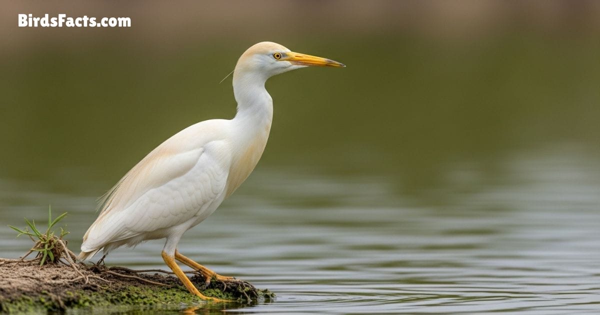 Cattle Egret Bird Standing In Grass Showing White Feathers Yellow Beak And Orange Breeding Plumes
