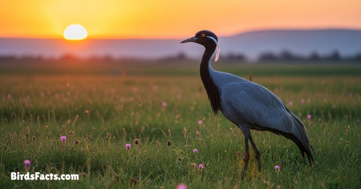 Demoiselle Crane Bird Standing On Grass Showing Graceful Gray Body Long Black Neck And White Head Plumes