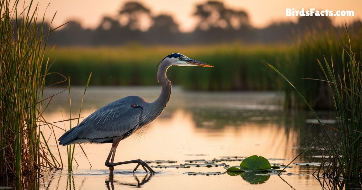 Great Blue Heron Bird Standing In Shallow Water Showing Tall Gray Body Long Neck And Sharp Yellow Beak Great Blue Heron Bird Standing In Shallow Water Showing Tall Gray Body Long Neck And Sharp Yellow Beak
