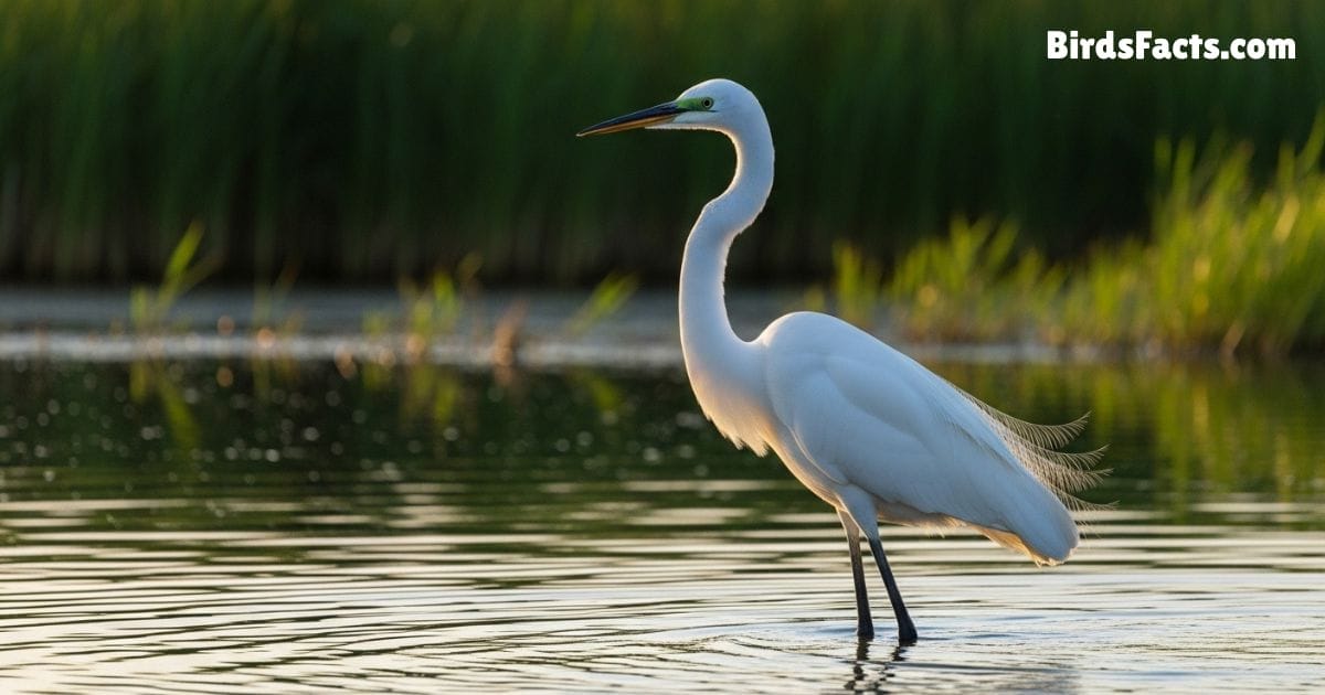 Great Egret Bird Standing In Water Showing White Plumage Long Neck Yellow Beak And Black Legs Great Egret Bird Standing In Water Showing White Plumage Long Neck Yellow Beak And Black Legs