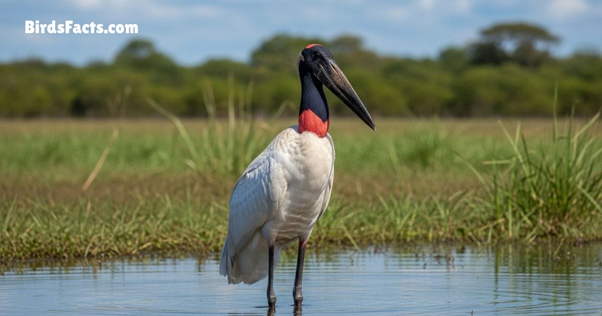 Jabiru Stork Bird Standing In Wetland Showing White Body Black Head And Large Red Neck Band