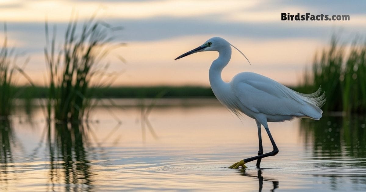 Little Egret Bird Standing In Shallow Water Showing White Plumage Long Neck Yellow Beak And Black Legs