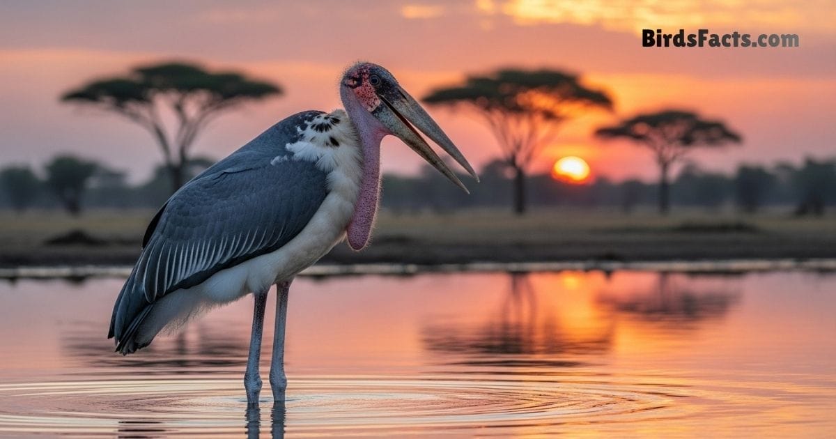 Marabou Stork Bird Standing In Wetland Showing Large White Black Body Bald Head And Long Thick Beak