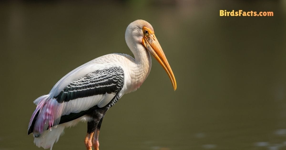 Painted Stork Bird Standing In Shallow Water Showing White Body Pink Wings Long Orange Beak And Black Markings Painted Stork Bird Standing In Shallow Water Showing White Body Pink Wings Long Orange Beak And Black Markings