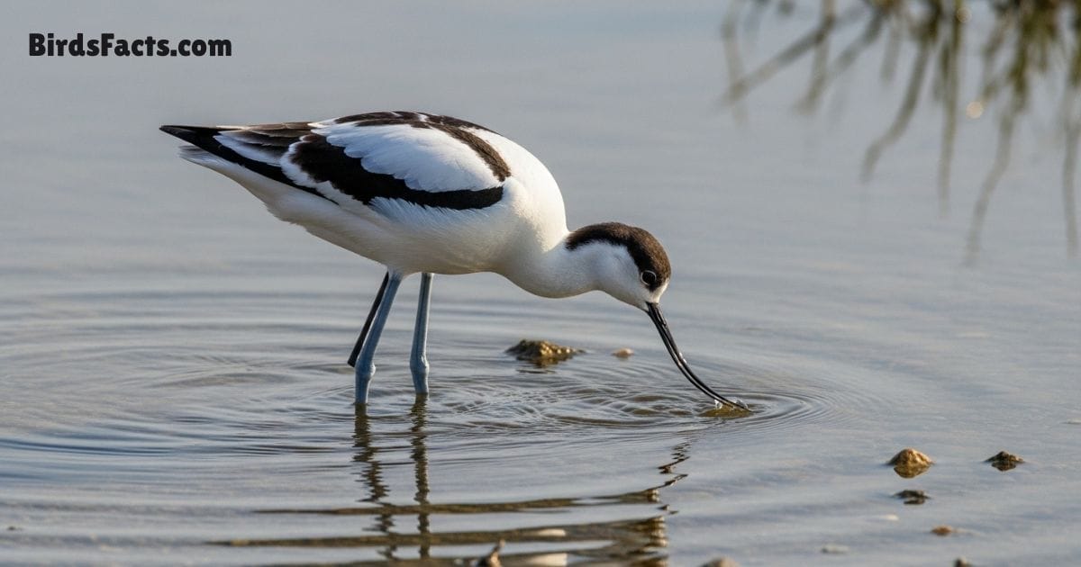 Pied Avocet Bird Standing In Shallow Water Showing Black White Body Long Upturned Beak And Thin Legs Pied Avocet Bird Standing In Shallow Water Showing Black White Body Long Upturned Beak And Thin Legs