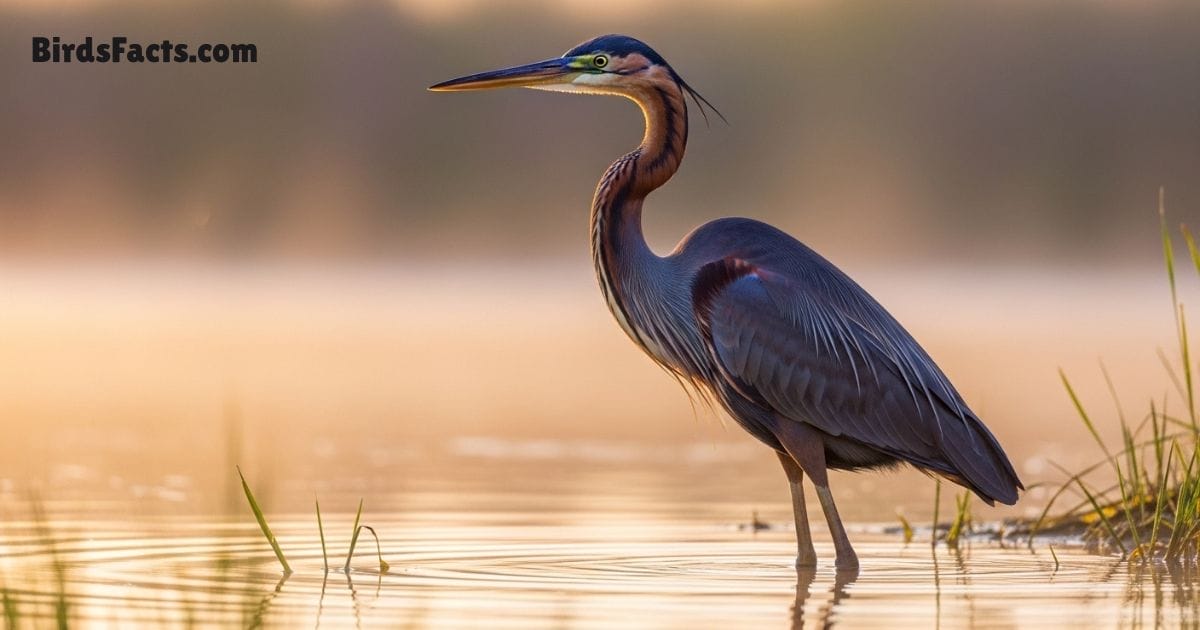 Purple Heron Bird Standing In Shallow Water Showing Dark Purple Gray Body Long Neck And Sharp Beak