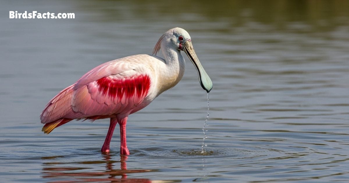 Roseate Spoonbill Bird Standing In Water Showing Bright Pink Plumage Long Flat Spoon Shaped Beak And White Head Roseate Spoonbill Bird Standing In Water Showing Bright Pink Plumage Long Flat Spoon Shaped Beak And White Head