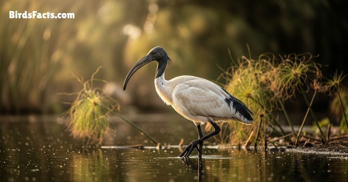 Sacred Ibis Bird Standing In Shallow Water Showing White Body Black Head Long Curved Beak And Black Legs Sacred Ibis Bird Standing In Shallow Water Showing White Body Black Head Long Curved Beak And Black Legs