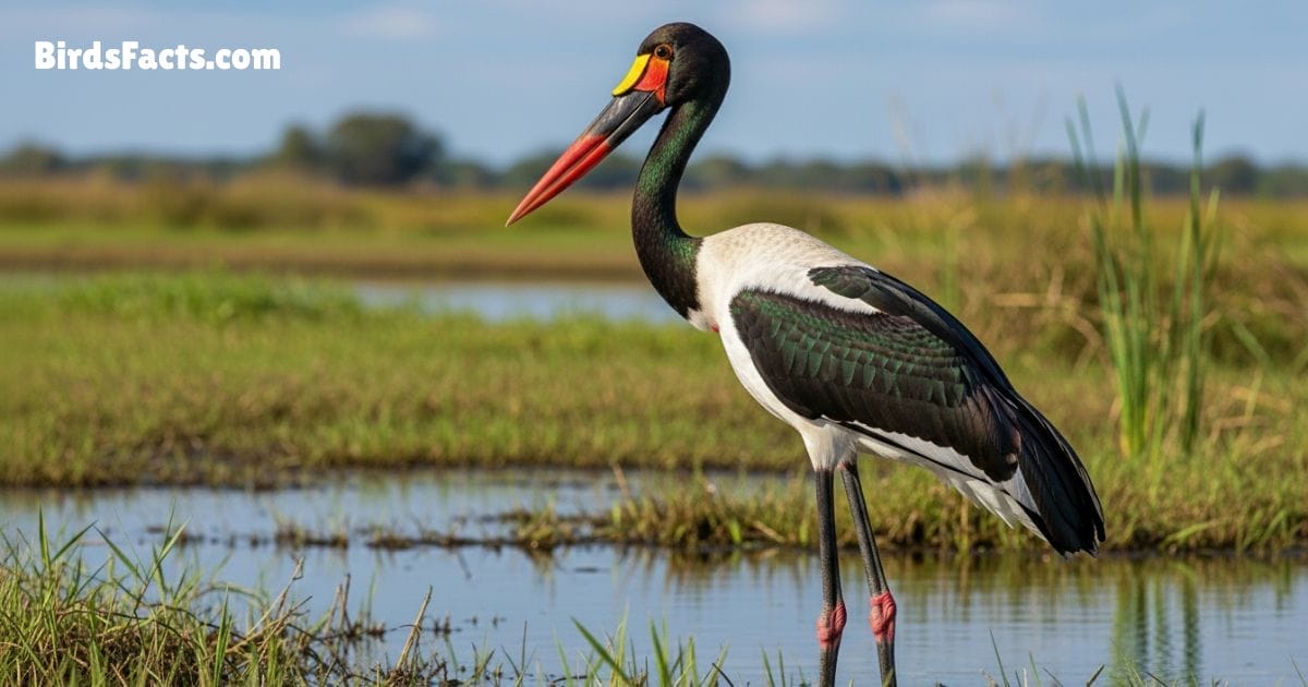 Saddle Billed Stork Bird Standing In Wetland Showing Black White Body Long Red And Yellow Beak And Yellow Eyes Saddle Billed Stork Bird Standing In Wetland Showing Black White Body Long Red And Yellow Beak And Yellow Eyes