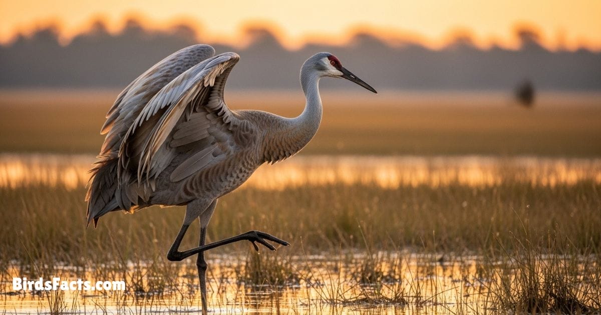 Sandhill Crane Bird Standing On Grass Showing Gray Body Red Crown Long Neck And Long Legs Sandhill Crane Bird Standing On Grass Showing Gray Body Red Crown Long Neck And Long Legs