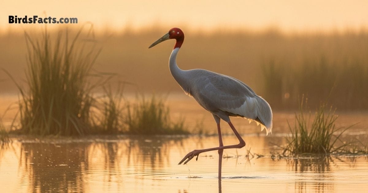 Sarus Crane Bird Standing In Wetland Showing Gray Body Red Head Long Neck And Long Legs
