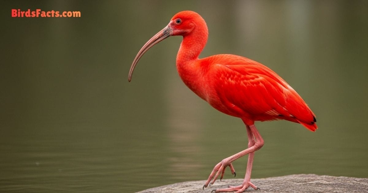 Scarlet Ibis Bird Standing In Shallow Water Showing Bright Red Plumage Long Curved Beak And Black Legs
