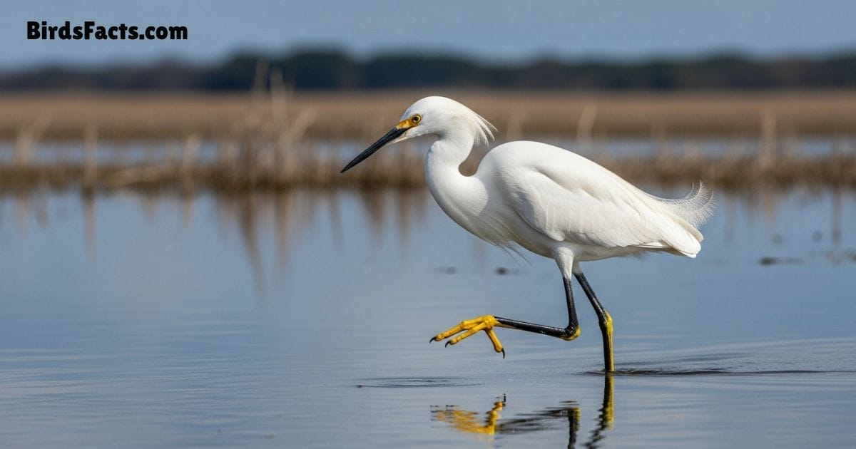Snowy Egret Bird Standing In Shallow Water Showing White Plumage Long Neck Yellow Beak And Black Legs Snowy Egret Bird Standing In Shallow Water Showing White Plumage Long Neck Yellow Beak And Black Legs