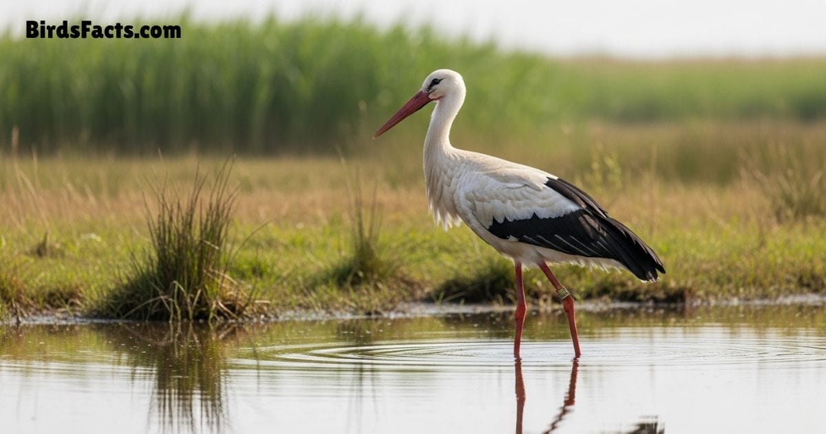 White Stork Bird Standing In Wetland Showing White Body Black Wing Feathers Long Red Beak And Red Legs