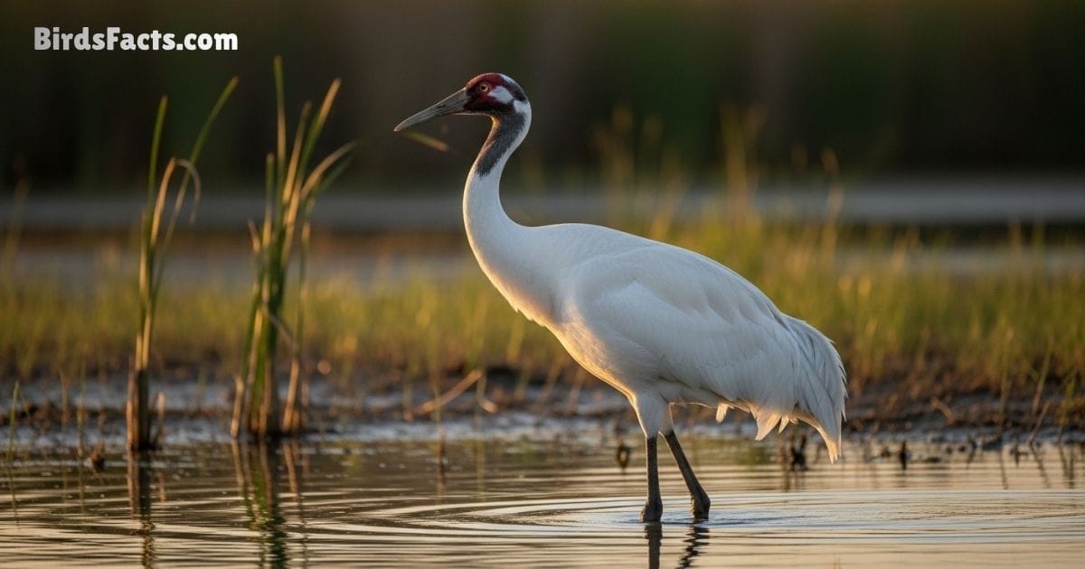 Whooping Crane Bird Standing On Grass Showing White Body Red Crown Long Neck And Long Legs Whooping Crane Bird Standing On Grass Showing White Body Red Crown Long Neck And Long Legs