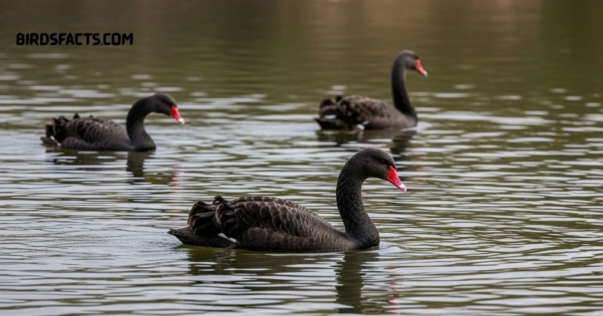 A Black Swan with striking black plumage and a bright red bill gracefully swimming in a lake.”