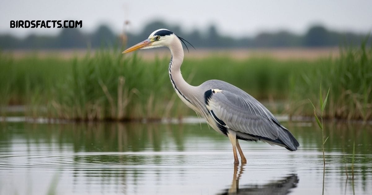 A Grey Heron (Ardea cinerea) with long legs and gray plumage standing in shallow water.