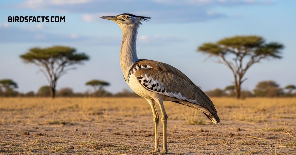 A Kori Bustard (Ardeotis kori) with a large body, long legs, and mottled brown and gray plumage walking across grassland.