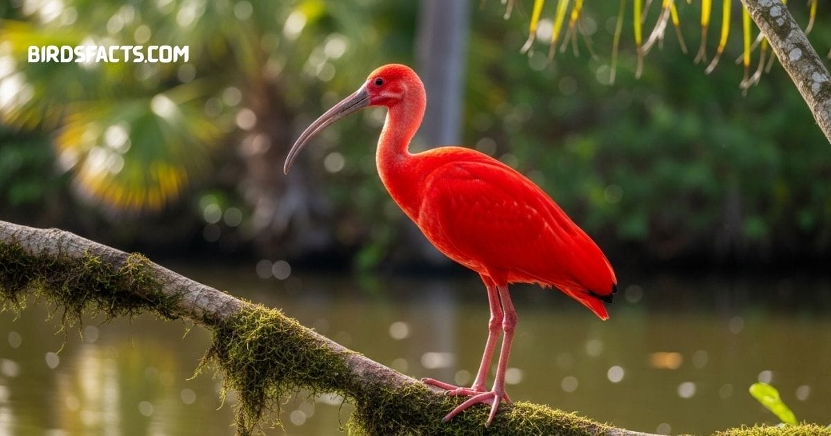 A Scarlet Ibis With Bright Red Plumage And A Long Curved Bill Standing In Shallow Water.