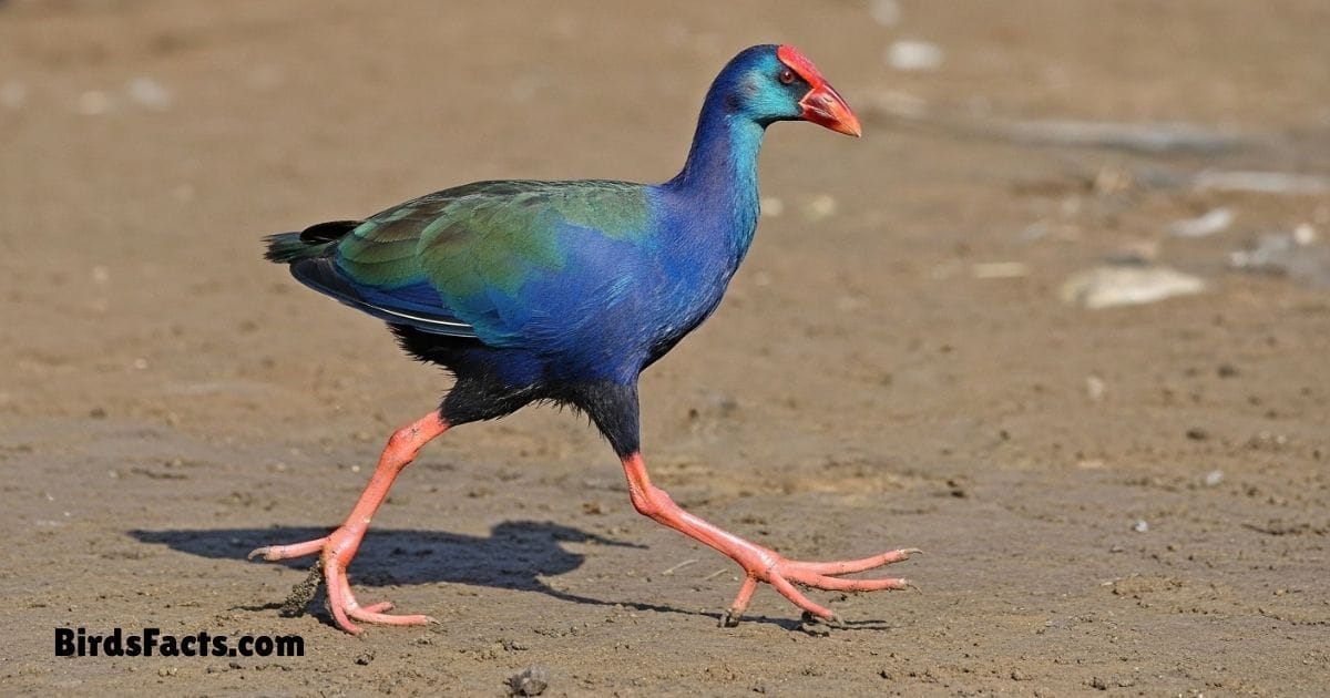 African Swamphen Walking Near Water Showing Bright Blue Plumage Red Beak And Long Legs