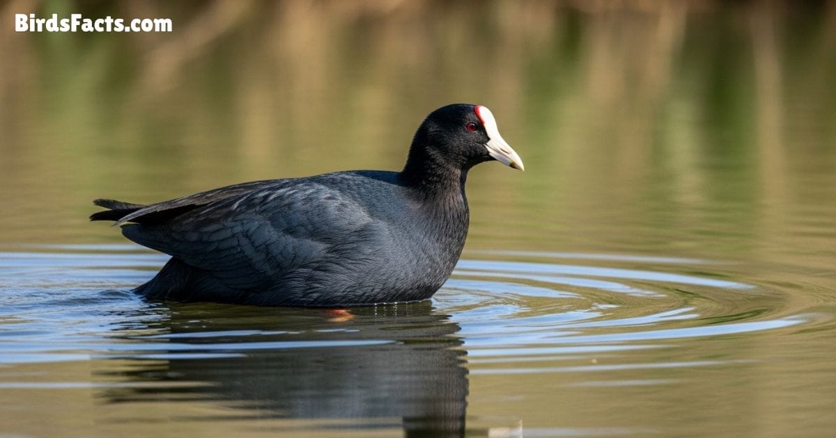 American Coot Swimming In Pond Showing Black Body White Beak And Red Eyes