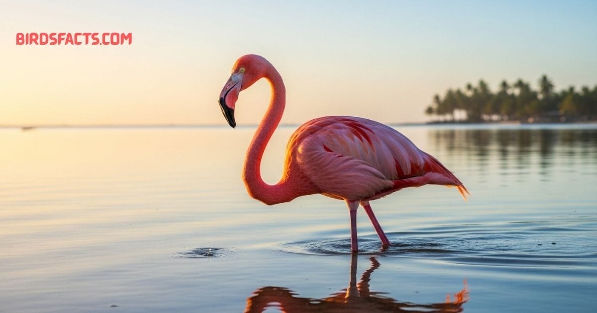 An American Flamingo with bright pink feathers and long legs wading in shallow water.