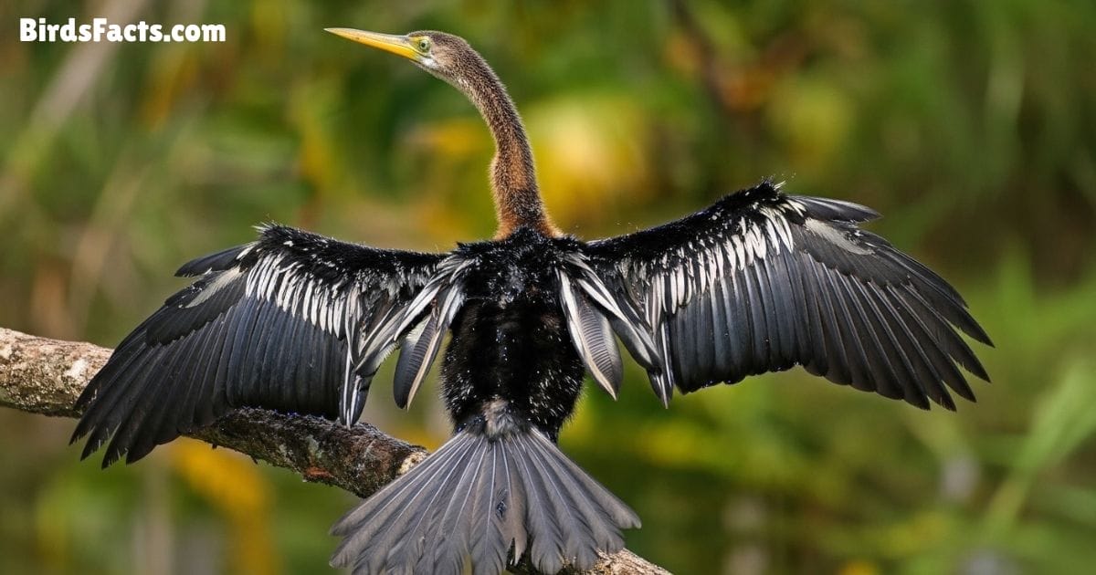 Anhinga Bird Perched With Wings Spread Showing Dark Feathers Long Neck And Sharp Pointed Beak