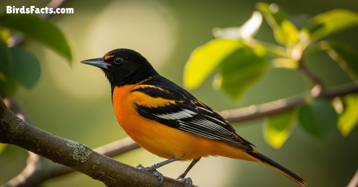 Baltimore Oriole Bird Perched On Branch Showing Bright Orange Body Black Head And White Wing Bars