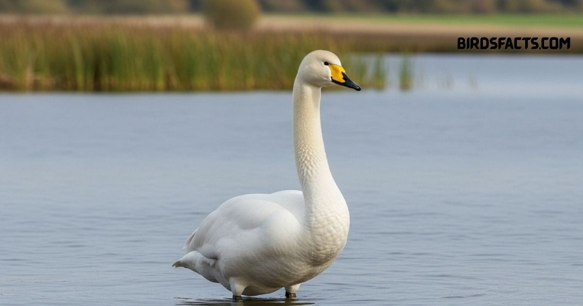 Bewick’s Swan, a migratory white swan species with a yellow-and-black bill commonly found in wetlands and lakes.”