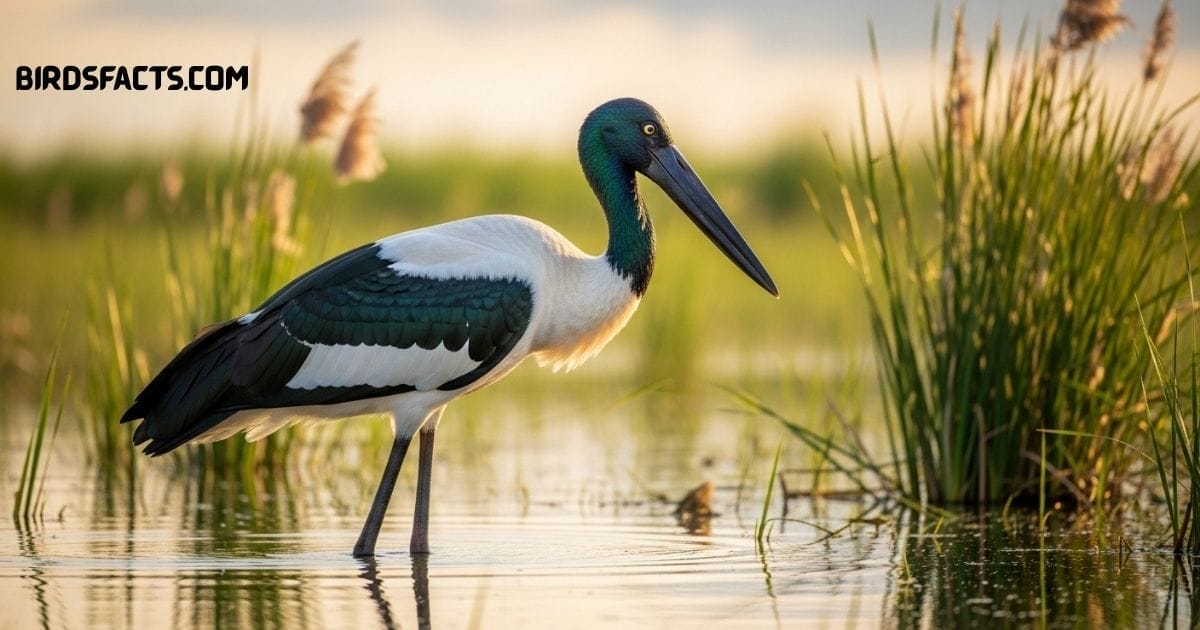 Black-Necked Stork, a tall wading bird with a black neck, red legs, and white body often seen in wetlands and marshes.