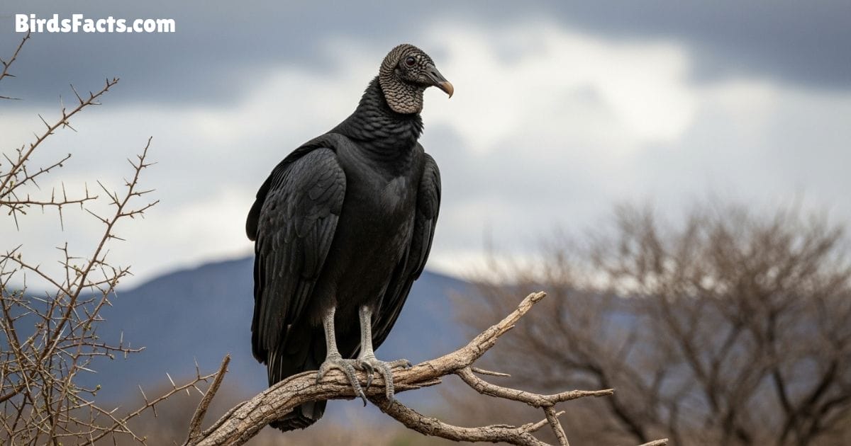 Black Vulture Bird Standing On Ground Showing Dark Black Feathers Bare Black Head And Broad Wings 