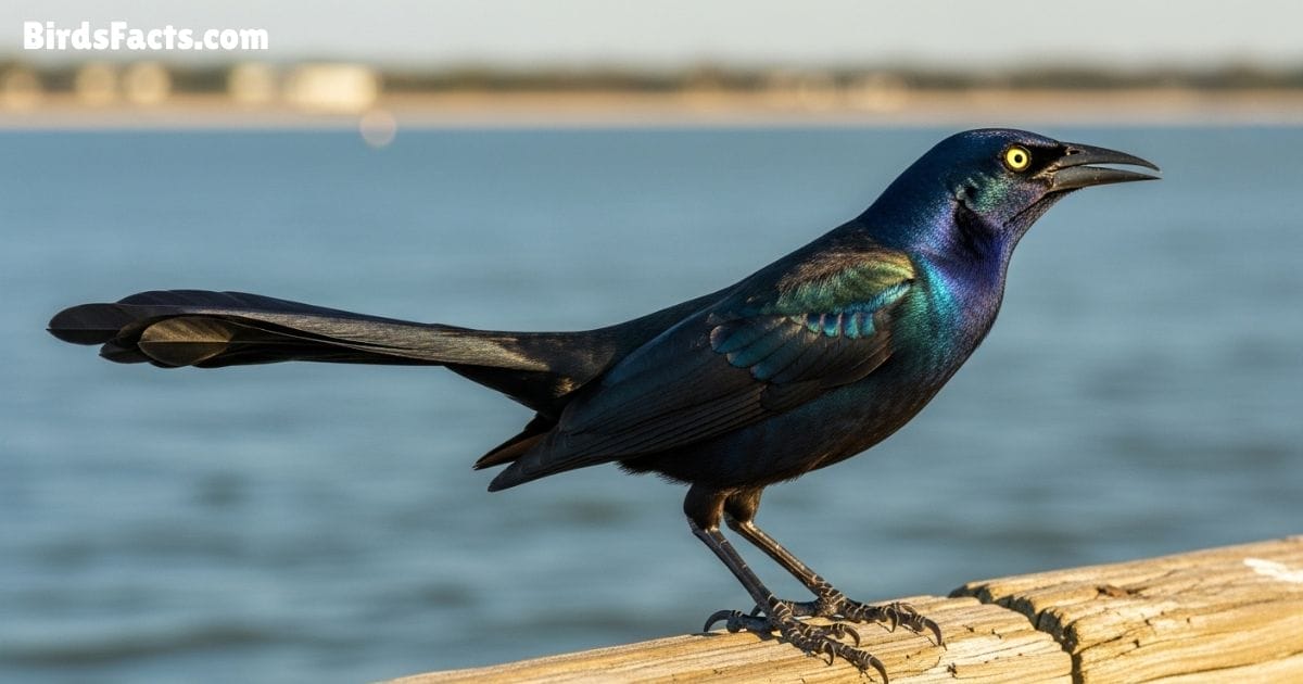 Boat Tailed Grackle Bird Perched On Branch Showing Glossy Black Plumage Long Tail And Sharp Beak 
