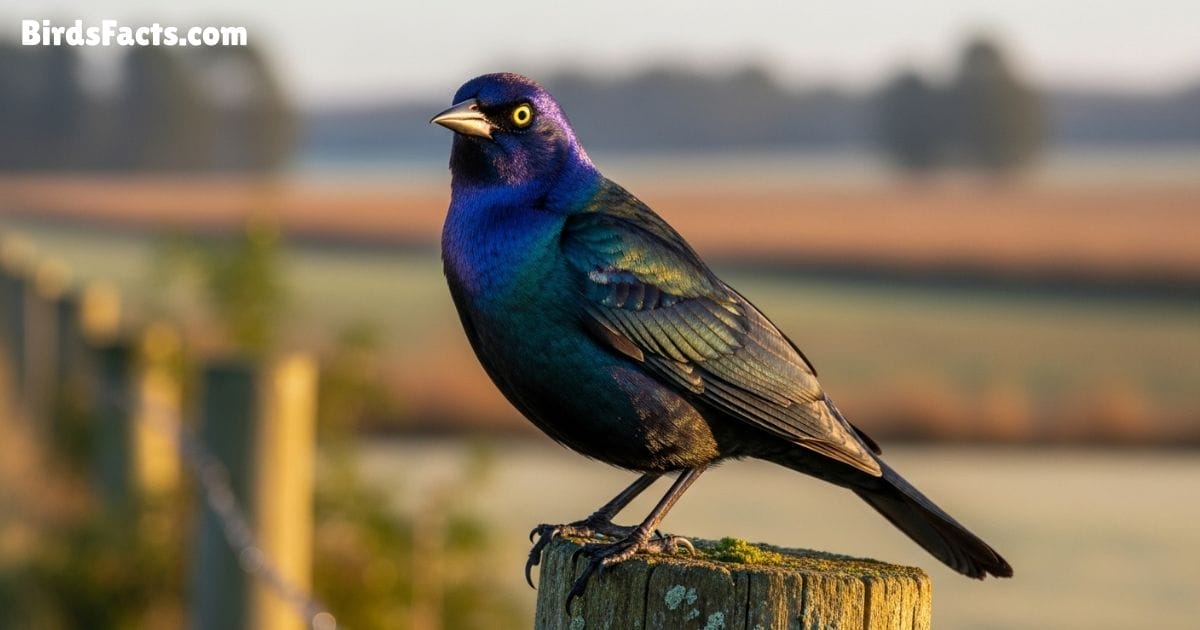 Brewers Blackbird Perched On Branch Showing Shiny Black Plumage Bright Yellow Eyes And Sharp Beak