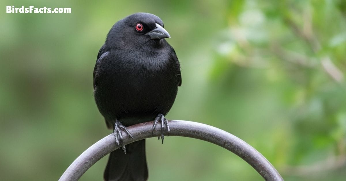 Bronzed Cowbird Bird Standing On Ground Showing Glossy Dark Plumage Red Eyes And Short Thick Beak