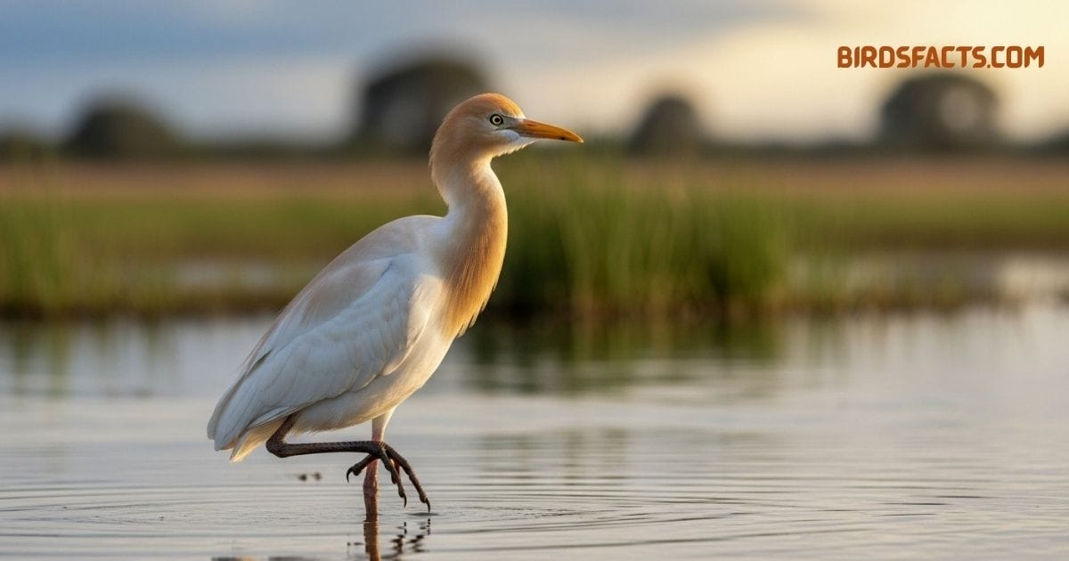 Bubulcus ibis, or Cattle Egret, a small white heron with a yellow bill often seen near livestock and wetlands